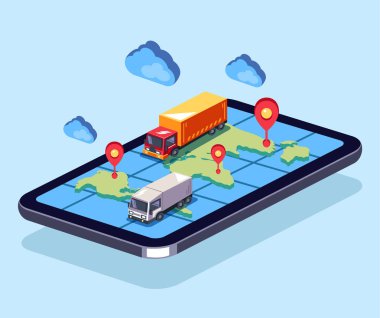 Büyük kamyon online web harita smartphone üzerinde hareket. Sipariş parsel kargo teslim online izleme kavramı. Vektör düz çizgi film grafik tasarım izole izometrik çizim