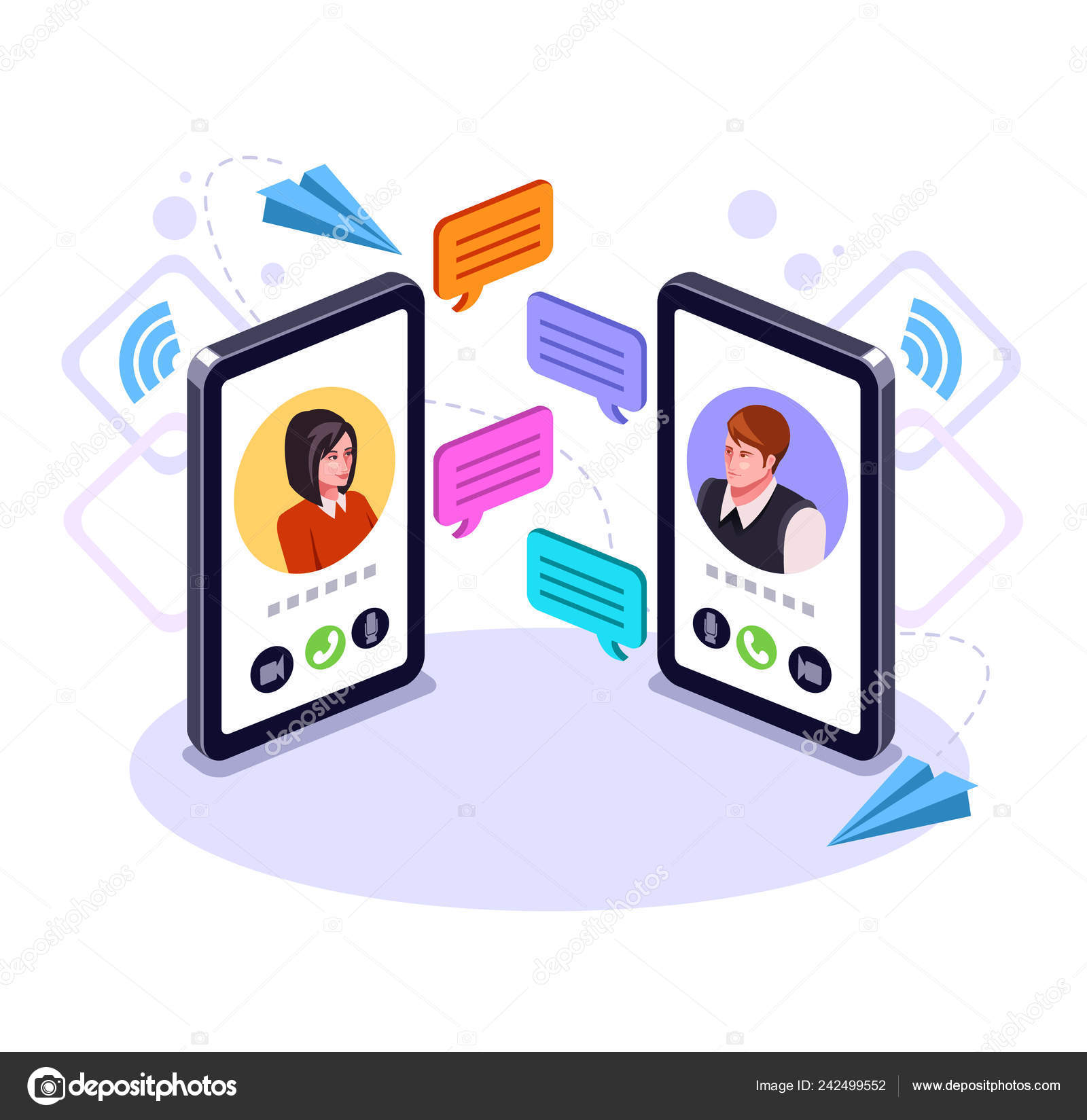 Duas Pessoas Homem Mulher Personagem Falando Por Telefone Inteligente  Concepção Vetor de stock de ©prettyvectors 242499552, image size:1600x1649