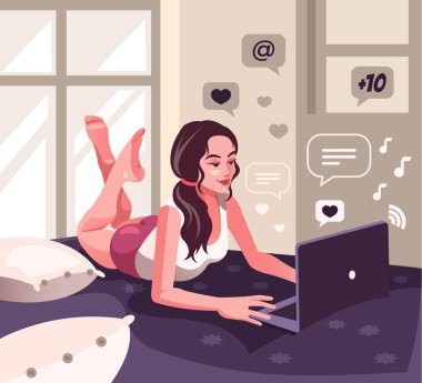Genç kadın yatakta Oda ev döşeme ve çevrimiçi çalışıyorsanız. Web internet iletişim eğitim serbest iş ev ofis kavramı. Düz grafik karikatür tasarlamak vektör