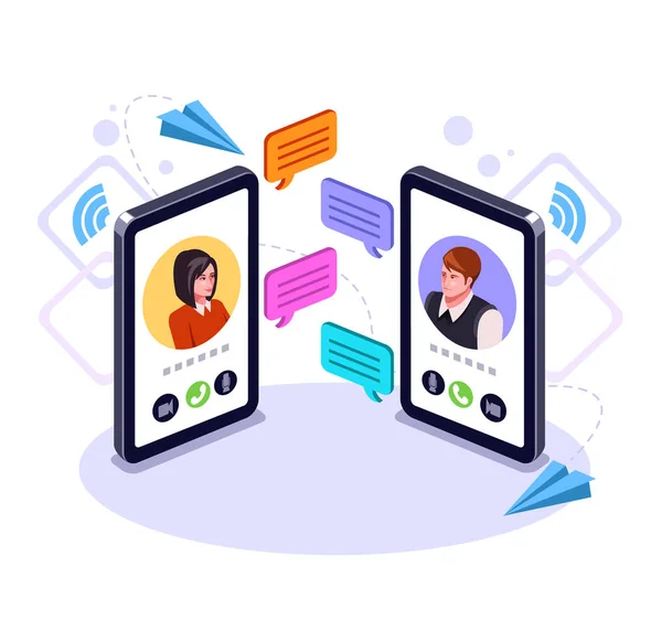 Deux Personnes Homme Femme Personnage Parlant Par Téléphone Intelligent Communication — Image vectorielle