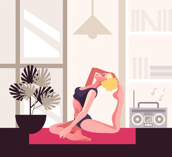 Young fit slim woman character doing yoga. Home exercises concept. Vector flat graphic design cartoon isolated illustration