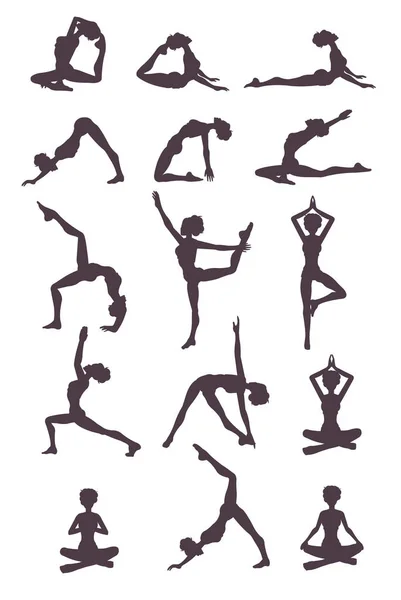 Jeune Silhouette Femme Mince Personnage Faisant Yoga Position Différente Concept — Image vectorielle