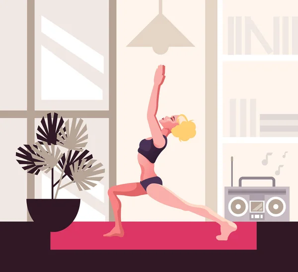 Junge Schlanke Frau Beim Yoga Heimübungskonzept Vektor Flache Grafik Design — Stockvektor