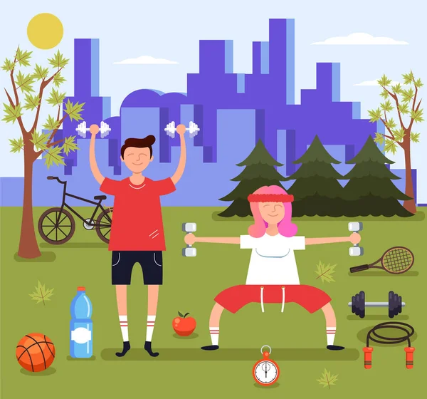 Man Woman Couple Characters Doing Sport Park Sport Fitness Concept — Stock Vector