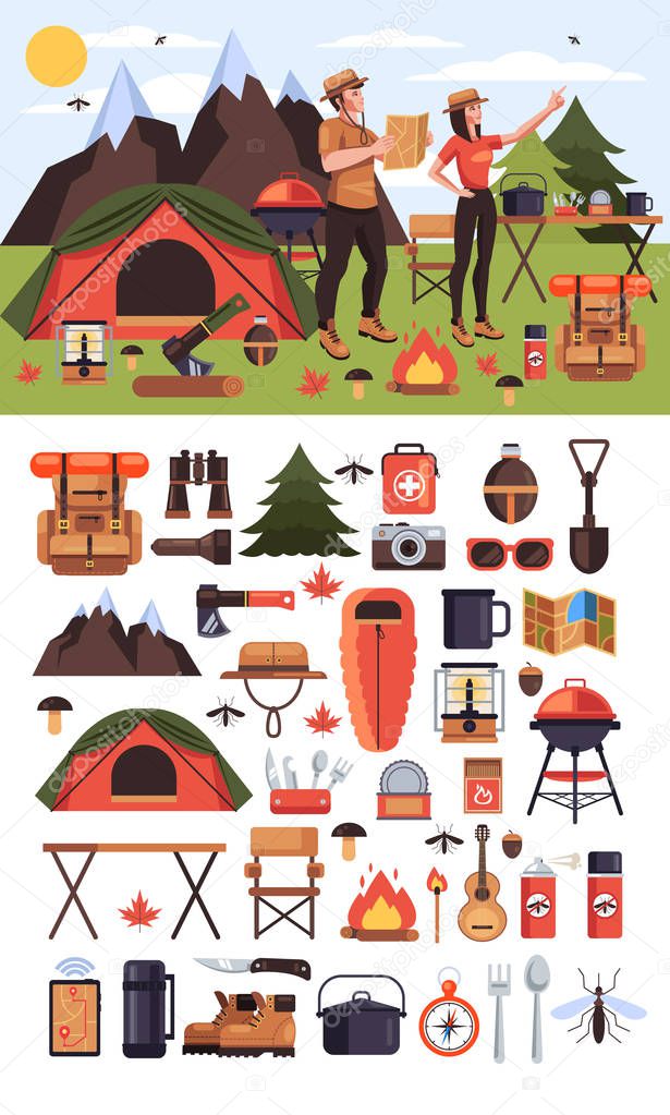 Two people man and woman tourists characters hiking and camping in forest woods. Travel tourism expedition icon sight symbol icons set. Vector flat graphic design isolated illustration concept