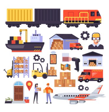 Teslimat Logistik dağılım sanayi iş hizmet kavramı yük istifleme taşıma. Vektör tasarım grafik izole düz simge illüstrasyon set