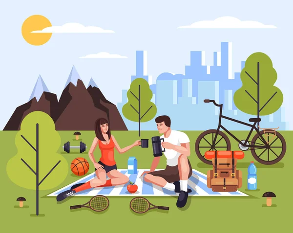 Two People Man Woman Couple Tourists Characters Relaxing Nature Park — Stock Vector