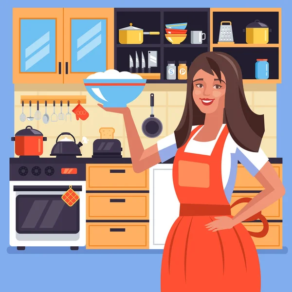 Happy Smiling Woman Housewife Character Cooking Dinner Lunch Holding Dish — Stock Vector