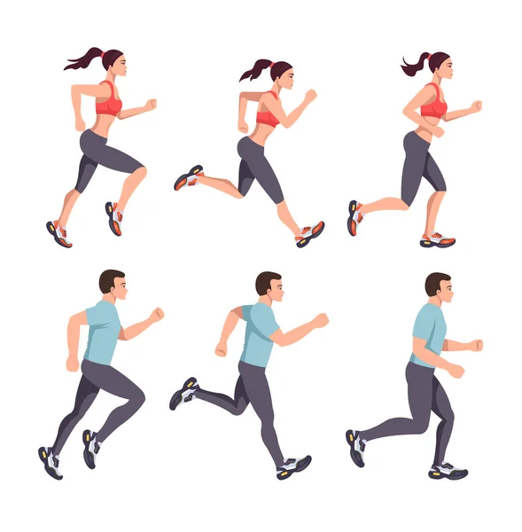 Gente Del Deporte Hombres Mujeres Personajes Corren Correr Etapa Pasos — Vector de stock