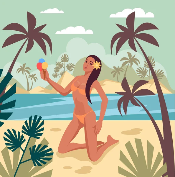 幸せな笑顔のセクシーな女性および日光浴を文字島海辺の砂浜のビーチでリラックスします 旅行休暇夏の時間バナー ポスター コンセプト ベクトル フラット グラフィック デザイン分離の図 — ストックベクタ