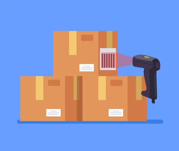 Barcode Scanner Scannt Etiketteninformationen Cargo Delivery Sale Konzept Vektor Flach — Stockvektor