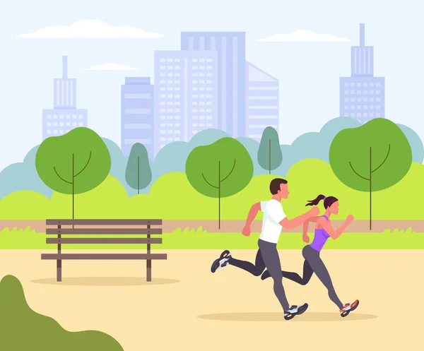两个运动的人适合男人和女人的角色在公园里做运动和摩擦 体育活动的生活方式 向量平的动画片平面设计查出的图标例证 — 图库矢量图片