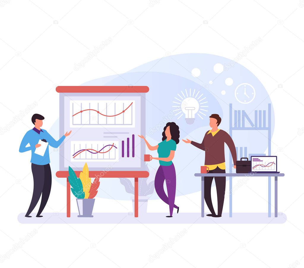 Business people characters talking and discussion plan and strategy. Company development concept. Vector flat design graphic cartoon isolated illustration