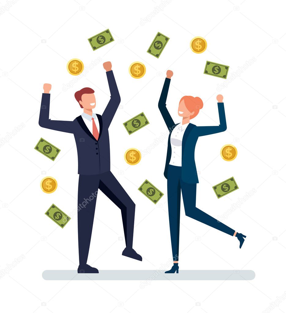 Two happy smiling office workers people businessman characters standing under money rain flow. Successful business concept. Vector flat graphic design cartoon isolated illustration