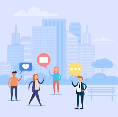 Grup insanların karakter iletişim yanında smartphone. Online web Internet tartışma kavramı. Vektör tasarım grafik düz izole illüstrasyon karikatür