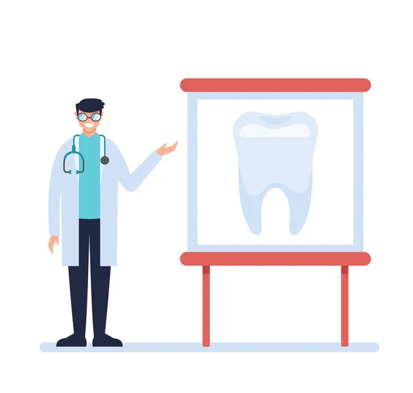Dentist Doctor Character Describing Tooth Banner Medicine Concept Vector Design — Stock Vector