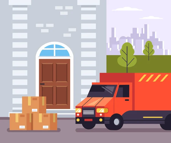 Delivery Truck Standing Door House Fast Online Delivery Service Business — Stock Vector