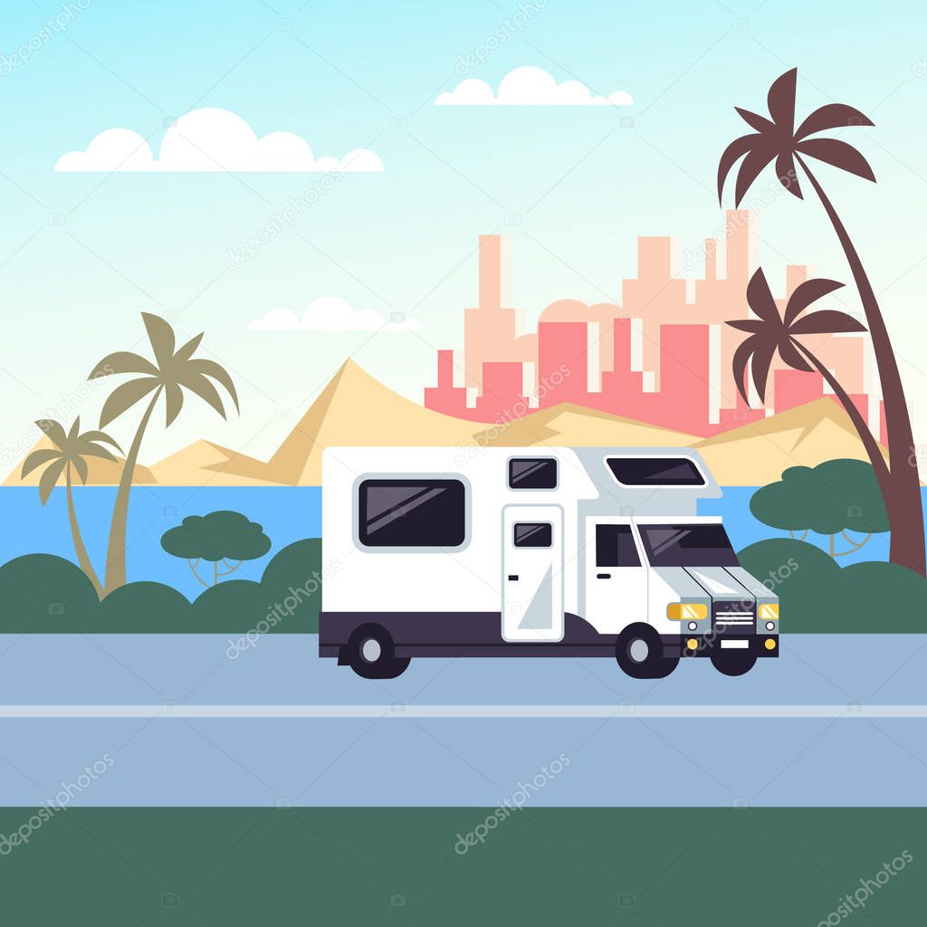 Trailer car riding on road. Family trip camping. Vector design graphic flat cartoon isolated illustration