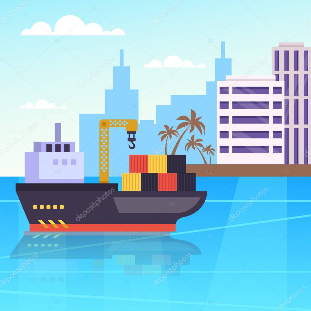 Big container freight ship in seaport harbor. Global cargo delivery shipping industry. Vector design graphic flat cartoon isolated illustration