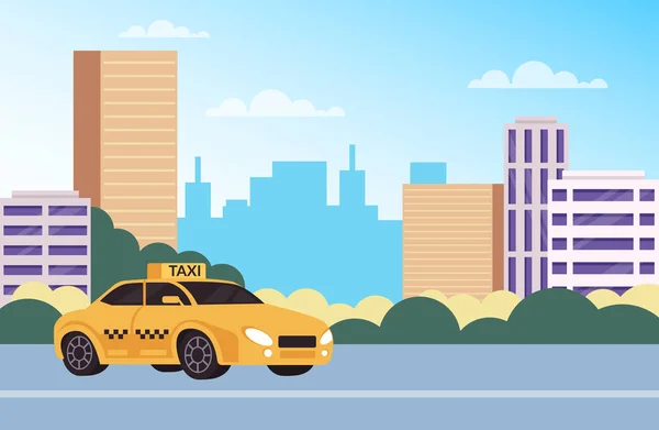 黄色の車タクシータクシーは 市内の乗客の人々を待っています アーバンタウンの輸送コンセプト ベクトルフラット漫画のグラフィックデザインのイラスト — ストックベクタ