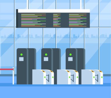Tarayıcı kayıt tarayıcısı Havaalanı tren istasyonunu kontrol edin. Seyahat taşımacılığı konsepti. Vektör düz karikatür grafik tasarım illüstrasyon