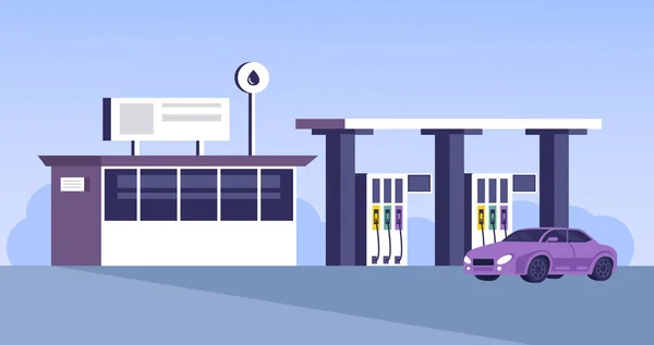 Benzinestation Gebouw Met Parkeerplaats Vector Platte Cartoon Graphic Design Illustratie — Stockvector