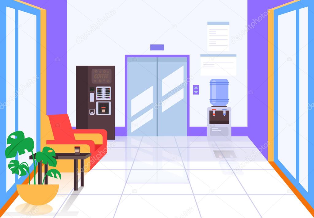 Business center hall with elevator and coffee machine. Business life building concept. Vector flat cartoon graphic design illustration