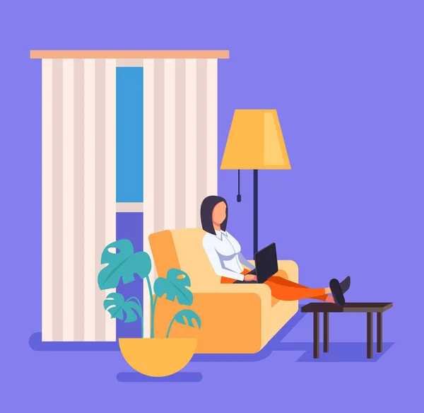 Woman Freelancer Worker Working Home Living Room Vector Flat Cartoon — Stock Vector