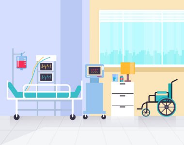 Reanimasyon kliniği odası. Sağlık ve tıp kavramı. Vektör düz grafik tasarım illüstrasyon