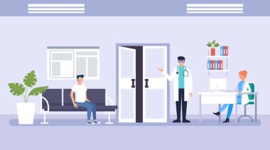 İnsanlar hasta karakterleri sırada doktor bekliyor. Tıp yardım ofisi konsepti. Vektör düz grafik tasarım illüstrasyon