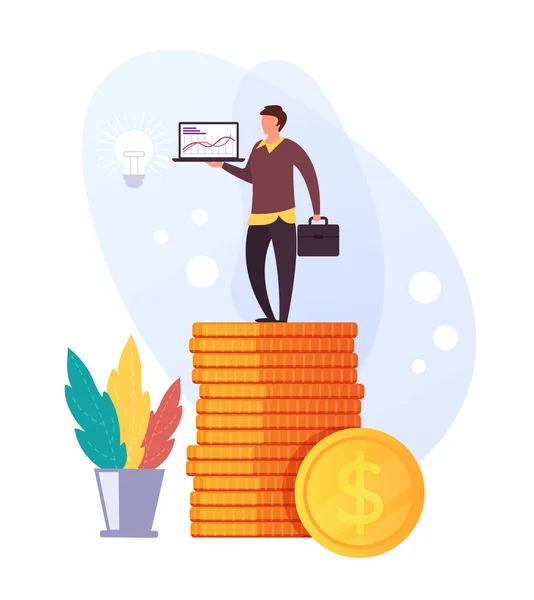 Zakenman Kantoormedewerker Staat Gouden Munten Stapel Business Success Concept Vector — Stockvector