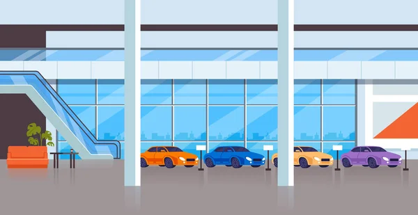 Autohaus Schaufenster Raum Interieur Nahverkehrskonzept Vektor Flache Grafik Design Illustration — Stockvektor