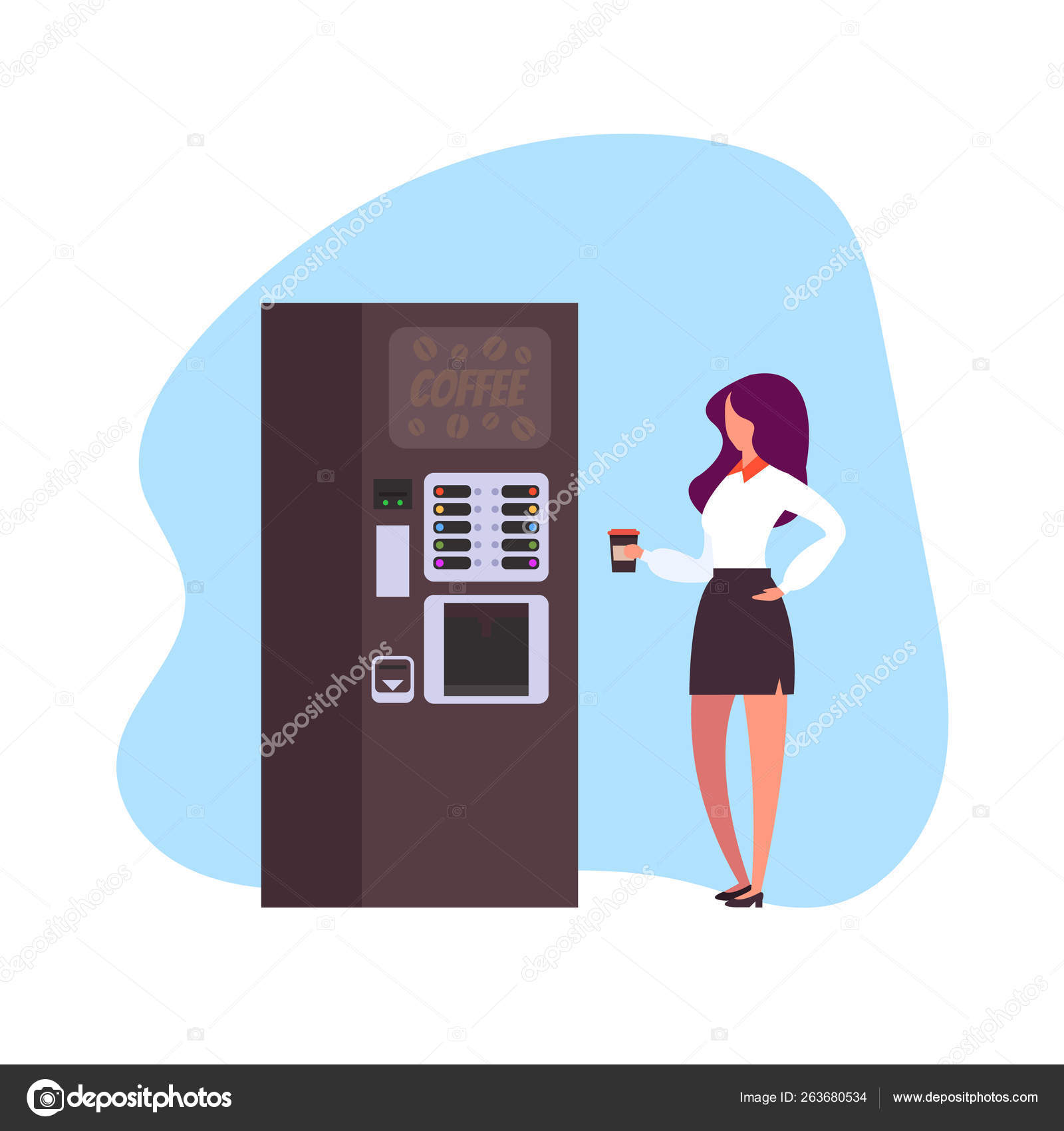 Woman office worker character taking break and drinking coffee from coffee machine. Vector flat graphic design illustration 9 Woman office worker character taking break and drinking coffee from coffee machine. Vector flat graphic design illustration 9