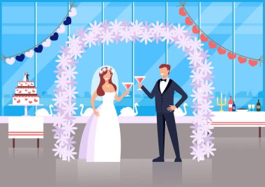 Düğün töreni gelin ve damat karakterleri kavramı. Vektör düz karikatür grafik tasarım illüstrasyon