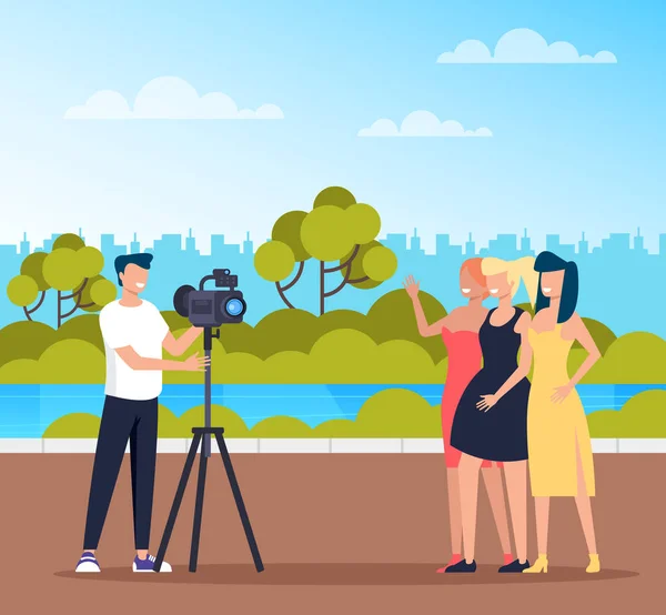 Professional photograph man character taking photo of girls friends models. Vector flat cartoon graphic design illustration