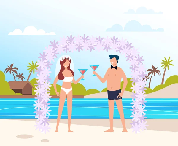 Huwelijksceremonie Het Strand Resort Vector Platte Cartoon Grafisch Ontwerp Illustratie — Stockvector