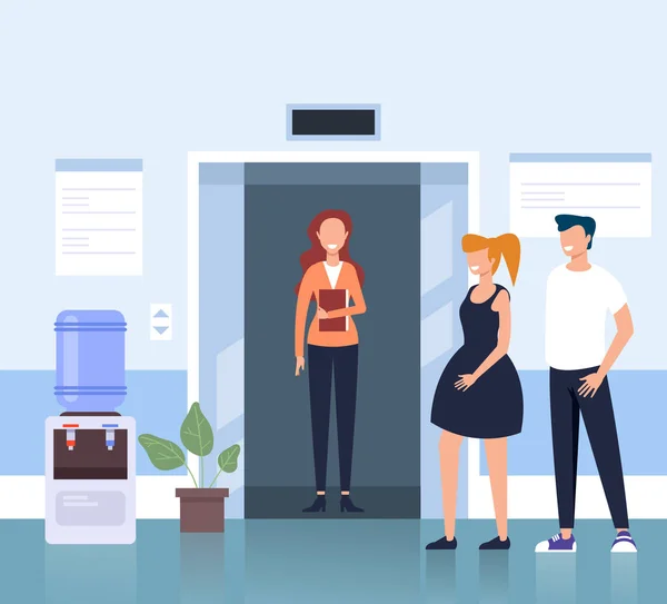 People Workers Character Waiting Elevator Business Center Hall Vector Flat — Stock Vector