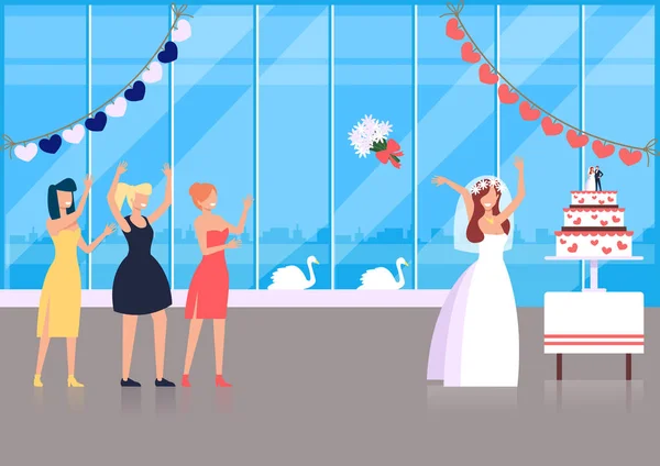 幸せな笑顔の花嫁の女性のキャラクターは花束をスローし 彼女の友人はそれをキャッチしてみてください 結婚式の伝統的な概念 ベクトルフラット漫画グラフィックデザインイラストコンセプト — ストックベクタ