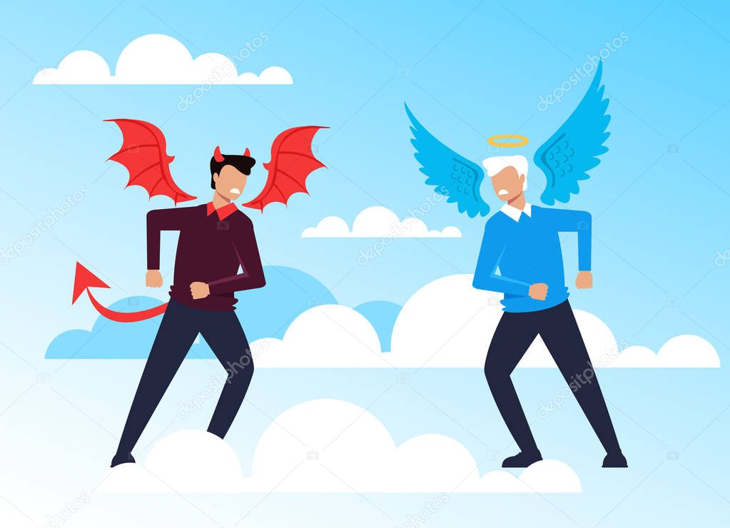 Good and evil and angel and devil characters opposition concept. Vector flat cartoon graphic design illustration