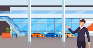 Satış satıcı adam karakter mevcut yeni arabalar. Nakliye mağazası mağaza konsepti. Vektör tasarım düz grafik karikatür illüstrasyon