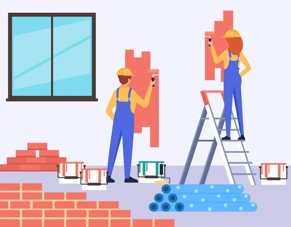 Two people professional workers characters painting walls. Home room house preparing concept. Vector design flat graphic cartoon illustration