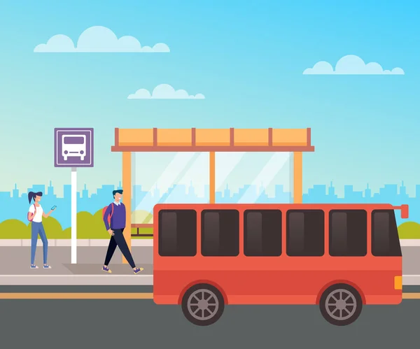 Пассажиры Ждут Автобус Концепция Городского Транспорта Векторный Дизайн Плоская Графическая — стоковый вектор