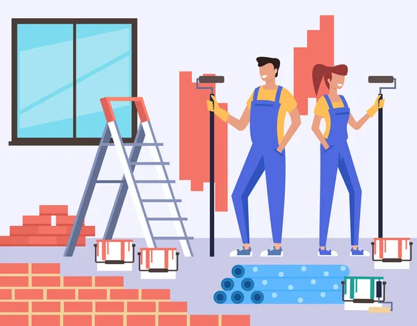 Twee Mensen Man Vrouw Karakters Maken Reparatie Appartement Renovatie Bouwconcept — Stockvector