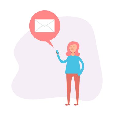 Kadın karakter mektup alıyor. Kablosuz teknoloji konsepti. Vektör tasarımı düz çizgi film illüstrasyonu 