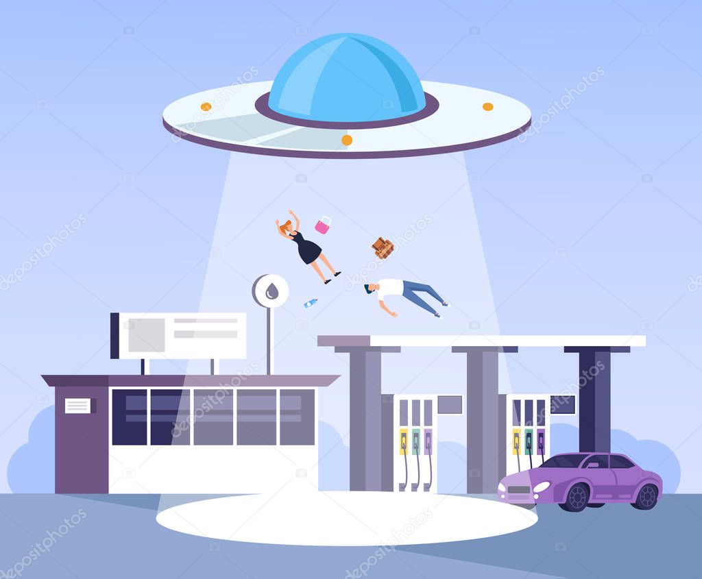 UFO alien space ship abducts people from gas station. Vector design flat graphic cartoon illustration