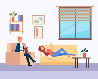 Hasta karakteri psikologla konuşuyor. Ruh sağlığı kavramı. Vektör düz grafik tasarım karikatür illüstrasyon