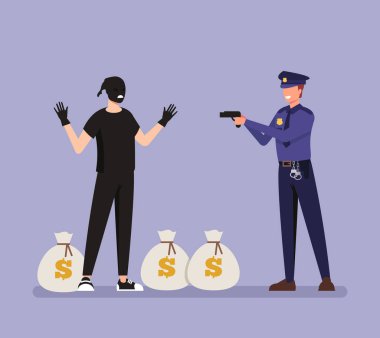 Polis karakteri çalıntı para çantaları ile suç haydut hırsız yakaladı. Suç mahalli konsepti. Vektör düz grafik tasarım karikatür illüstrasyon