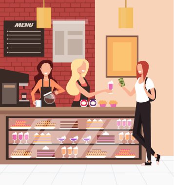 Pastanede milkshake ile kadın müşteri tüketicisi. Halka açık yiyecekler, kafeterya işi kavramını ortadan kaldırdı. Vektör düz grafik tasarım çizgi film illüstrasyonu