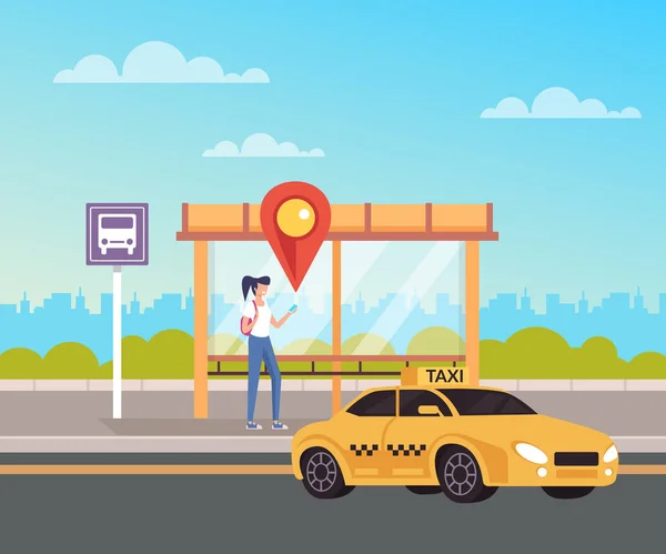 Женщина Вызывает Такси Ждет Internet Taxi Service Concept Векторная Плоская — стоковый вектор