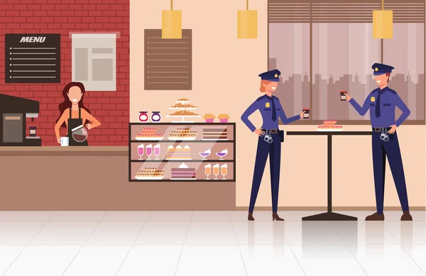 Два Сотрудника Полиции Мужчина Женщина Персонаж Пьют Кофе Кафе Магазин — стоковый вектор